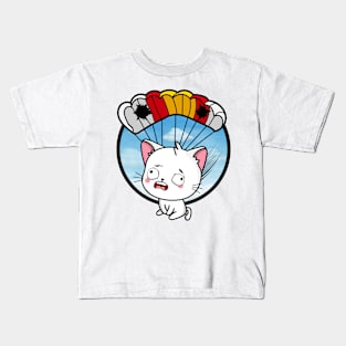 Silly white cat has a broken parachute Kids T-Shirt